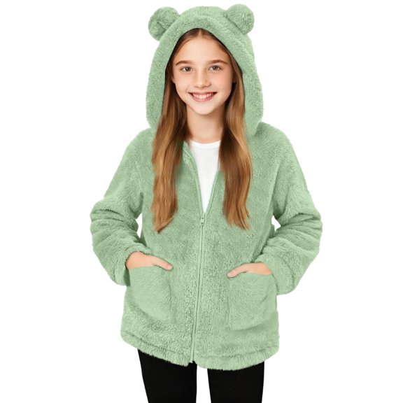 Gfyviroh Girls' Cute Fleece Jacket Cozy Solid Long Sleeve Hooded Coat Fluffy Soft Winter Zip Up Outerwear with Pockets