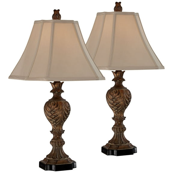 Regency Hill Regio Traditional Table Lamps 25 1/2" High Set of 2 Carved Brown Leaf Tan Sheer Fabric Square Bell Shade for Bedroom Living Room Bedside