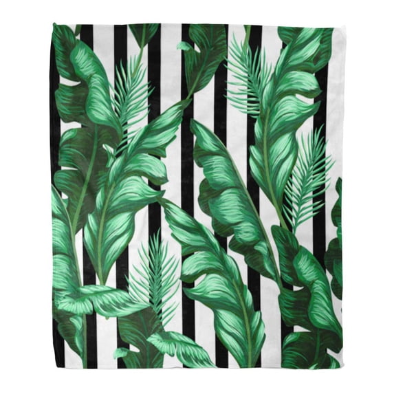 SIDONKU Throw Blanket Warm Cozy Print Flannel Green Leaf Banana Leaves Pattern Summer Tropical Comfortable Soft for Bed Sofa and Couch 58x80 Inches