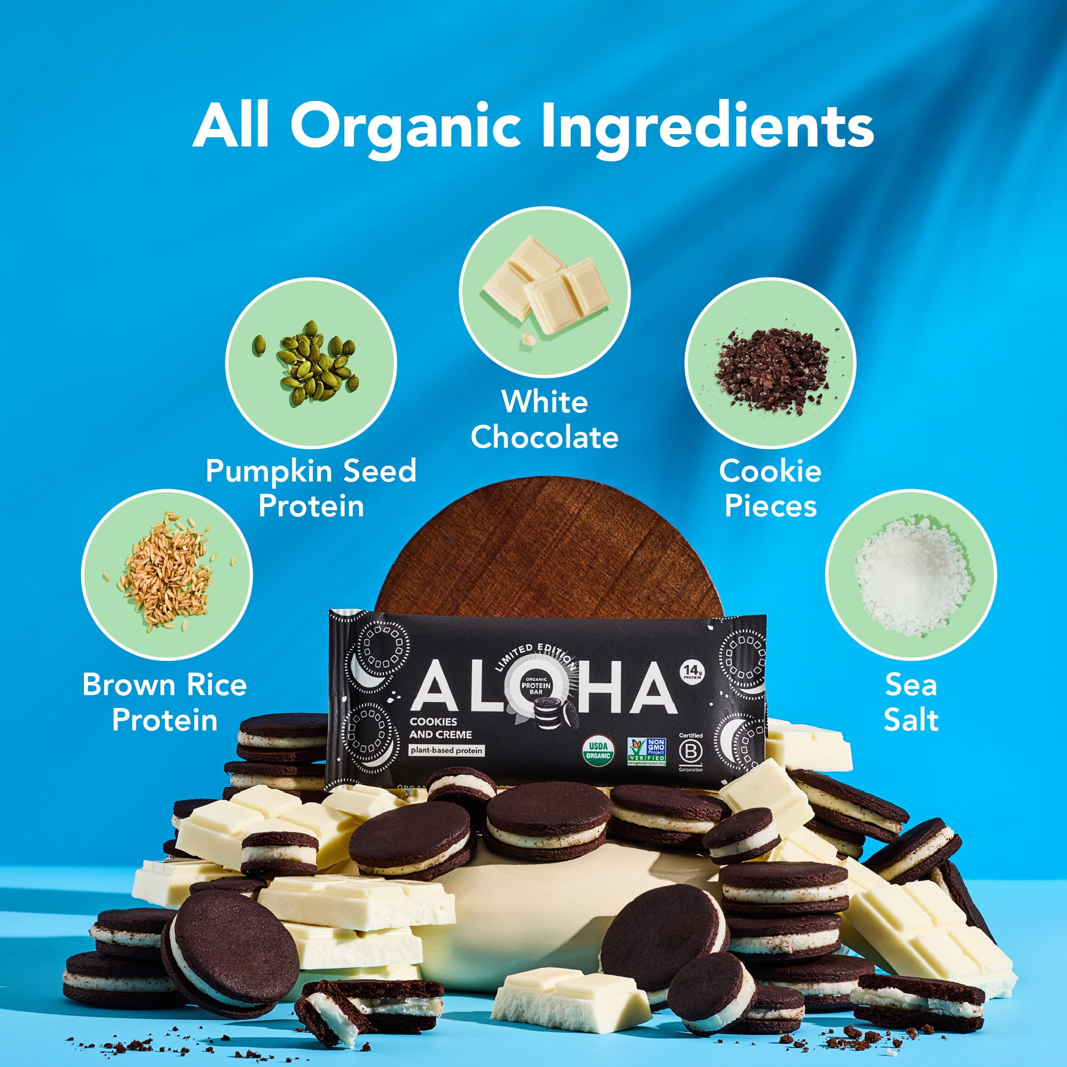 ALOHA, Organic Plant Based Protein Bars, Cookies and Creme, 14g Protein (Pack of 12)