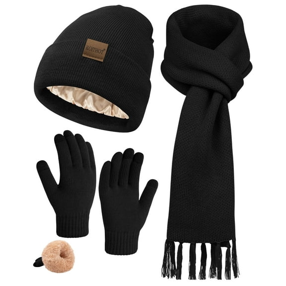 KOITHOT 3 Pcs Winter Satin Silk Lined Beanie Hat Long Knit Scarf Touchscreen Wool Gloves Set for Women Men Black