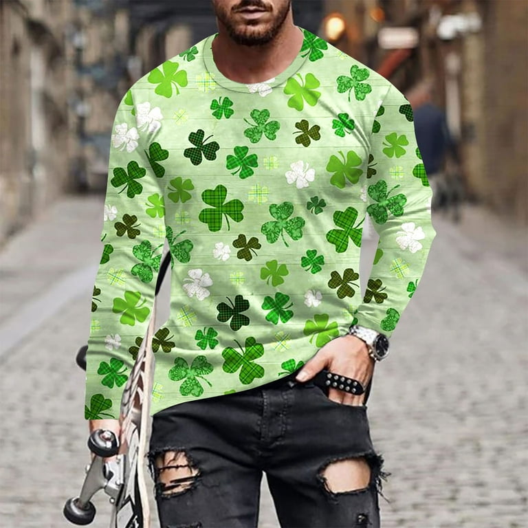 Aoochasliy Mens Shirts Clearance New Saint Patrick 's 3D Clover Printed  Long Sleeve T-shirt Loose Round Neck Undercoat Top 