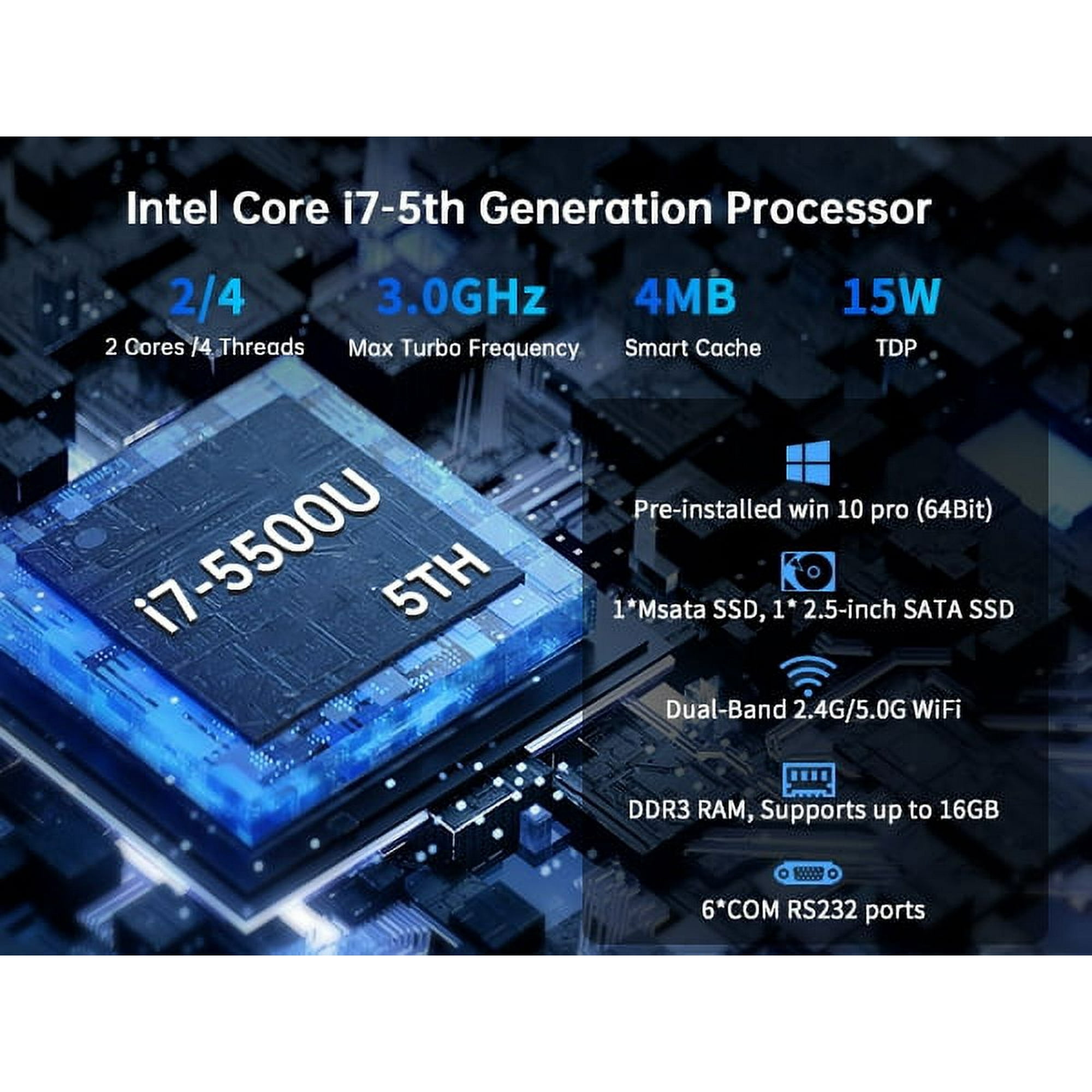 Kinupute Industrial Mini PC, Fanless Desktop Computer Core i7-5500U 2.4-3.0GHz, Windows 10 Pro, 8G RAM, 256G SSD, 2xNICs, 6xCOM RS232, 4xUSB 3.0, HDMI/VGA Ports, Auto Power on, Full Metal Case