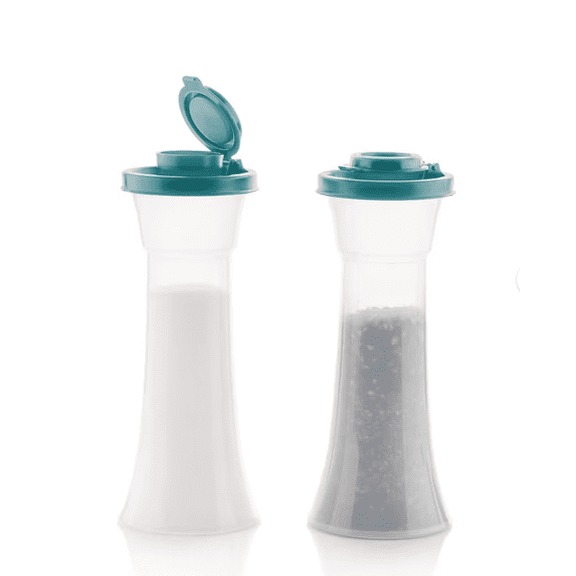2-Piece Salt and Pepper Shaker Set – Hourglass Plastic Shakers with Airtight Lids, Clear Bottles and Blue Caps, 0.35L Total Capacity for Kitchen, Table, Picnic, Camping