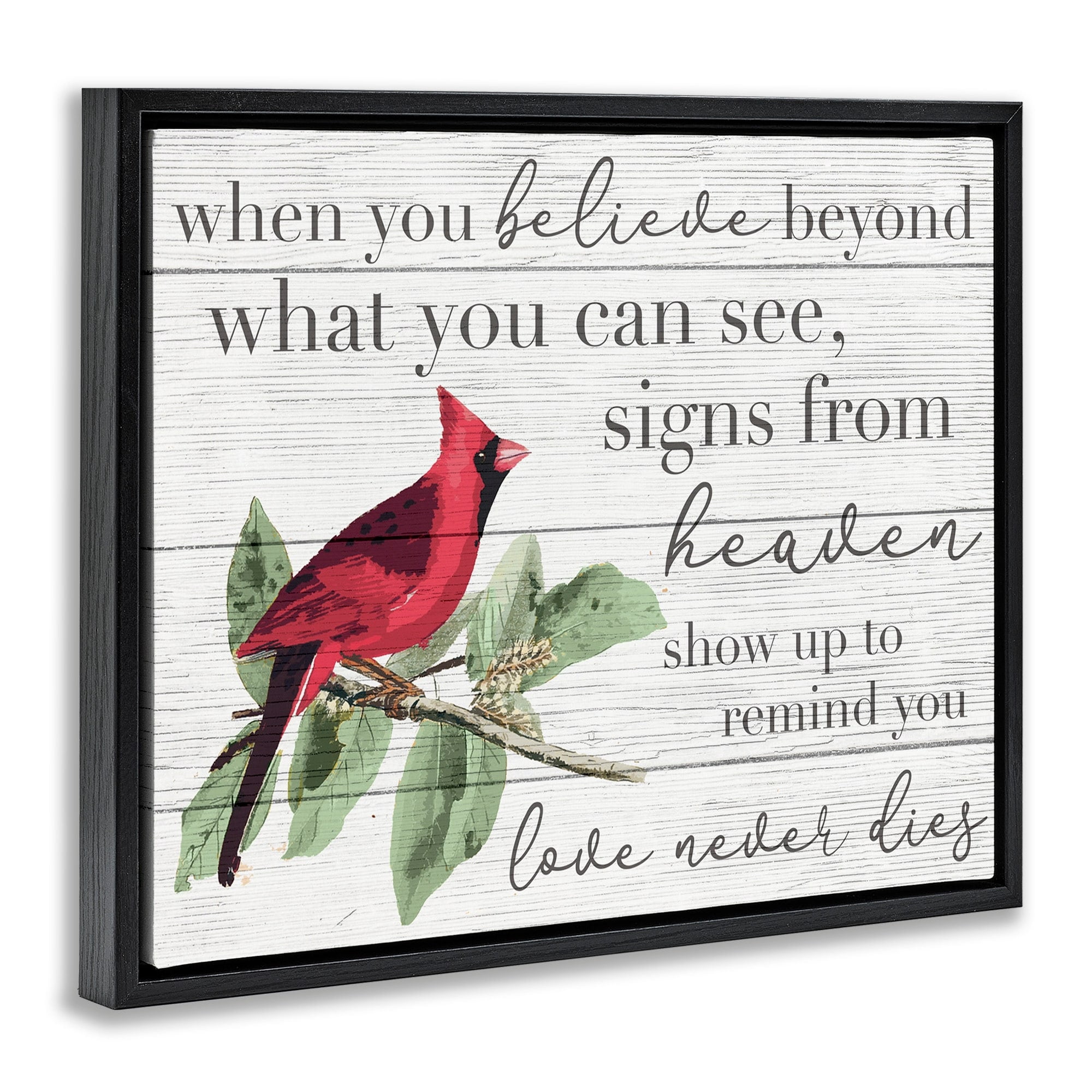 Stupell Industries Believe Love Never Dies Inspirational Cardinal Bird Word Design Jet Black Framed Floating Canvas Wall Art, 24x30, by Daphne Polselli