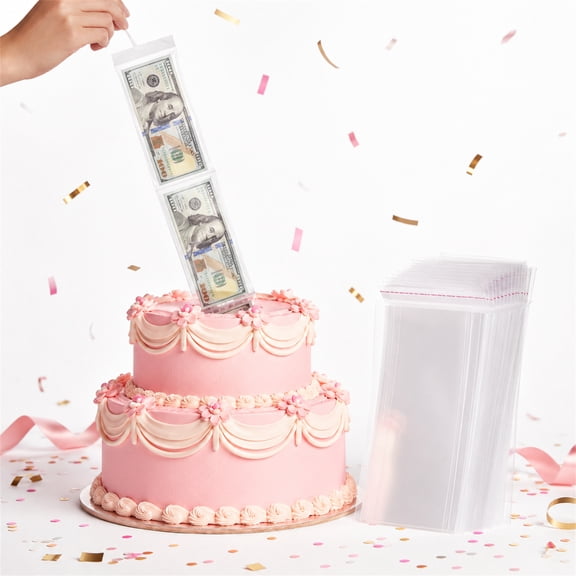 100pcs Cake Money Box Transparent Bags，MODANU 3.1 x7.9 Inch Self Sealing Cellophane Bags Clear Plastic Resealable Bag for Christmas Birthday Wedding Party Supplies