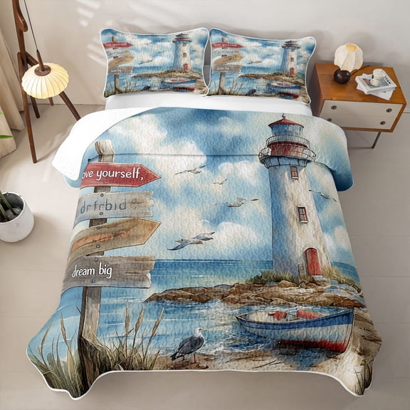Manfei Watercolor Lighthouse Beach Twin Quilt Set for Boys and Girls, Nautical Twin Coverlet Set, 2-Piece