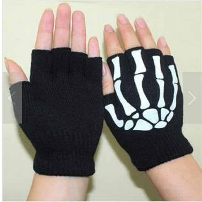 Halloween Fingerless Skeleton Fingers Gloves Black Gothic Punk