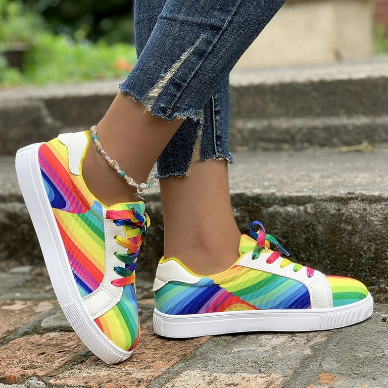 Running Shoes for Women Sneakers Womens Tennis Shoes Ladies Fashion Colorful Canvas Lace Up Comfortable Flat Bottomed Casual Shoes Walmart