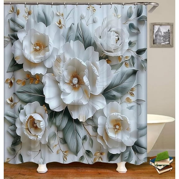 Floral Peonies In White, Gray, And Brown Shower Curtain Decoration. Patterned With Flowers Polyester Fabric For Bathroom Curtain Sets With 12 Hooks 36"W x 72"L