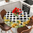 thumbnail image 2 of Sunflower Round Tablecloth 55-60 Inch Round Fitted Table Cloth with Elastic Edge, Summer Eucalyptus Botanical Floral Black Plaid Waterproof Table Cover Protector for Outdoor Picnic Party Dining, 2 of 9