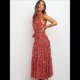 thumbnail image 4 of Vestido Bohemio de Verano para Mujer, Sin Mangas, con Estampado de Lunares, Cuello Halter, Volantes, Dobladillo y Cinturón Vino Tinto M, 4 of 8
