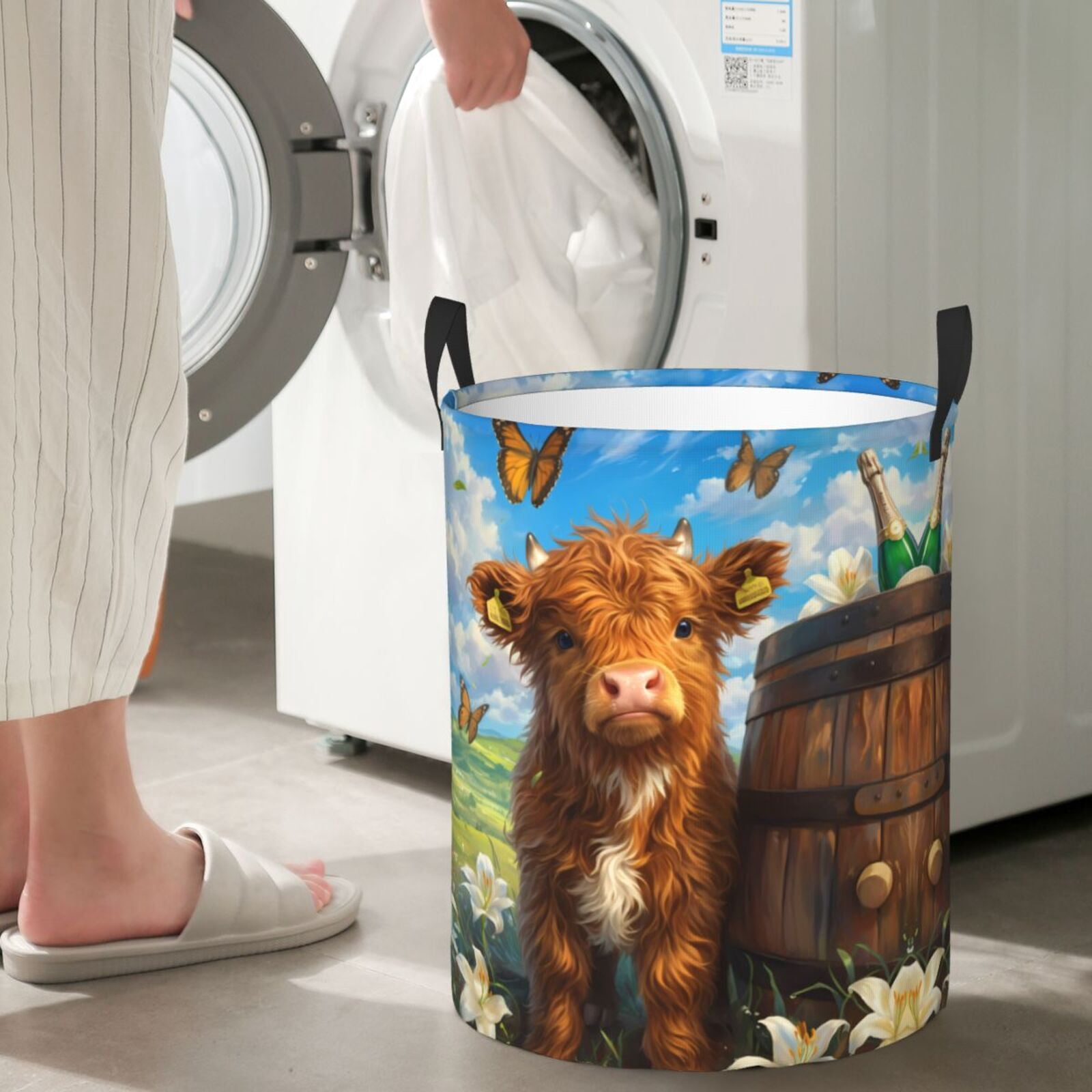 Large Laundry Basket with Handles - Calf Butterflies Lilies A Kids Baby Dirty Clothes Laundry Hamper for Bedroom Aesthetic