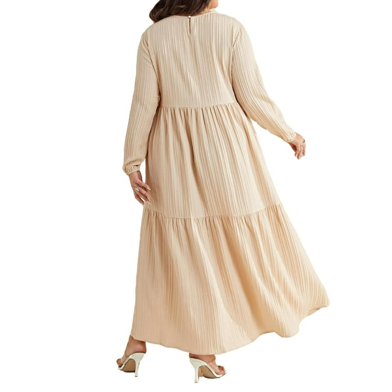 Modest Solid Round Neck Smock Long Sleeve Apricot Plus Size Dresses Women s Walmart