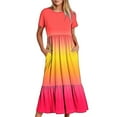 thumbnail image 6 of Penkiiy Women's Summer Casual Short Sleeve Crewneck Gradient Print Dress Casual Flowy Tiered Maxi Beach Dress With Pockets 2XL Multicolor, 6 of 7