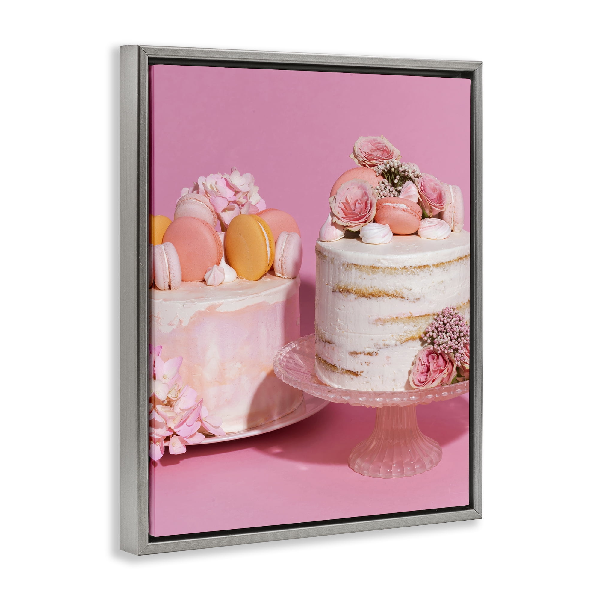 Stupell Industries Pink Pastel Macaroon Cakes Gray Framed Floater Canvas Wall Art, design by LISH Creative