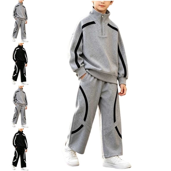 WAVSUF Boys Active Outfit Sets, with Pockets Long Sleeve Zipper Sweatshirts and Wide Leg Pants Fall Sport Hiking Outfits 2 Piece Gray 7-8