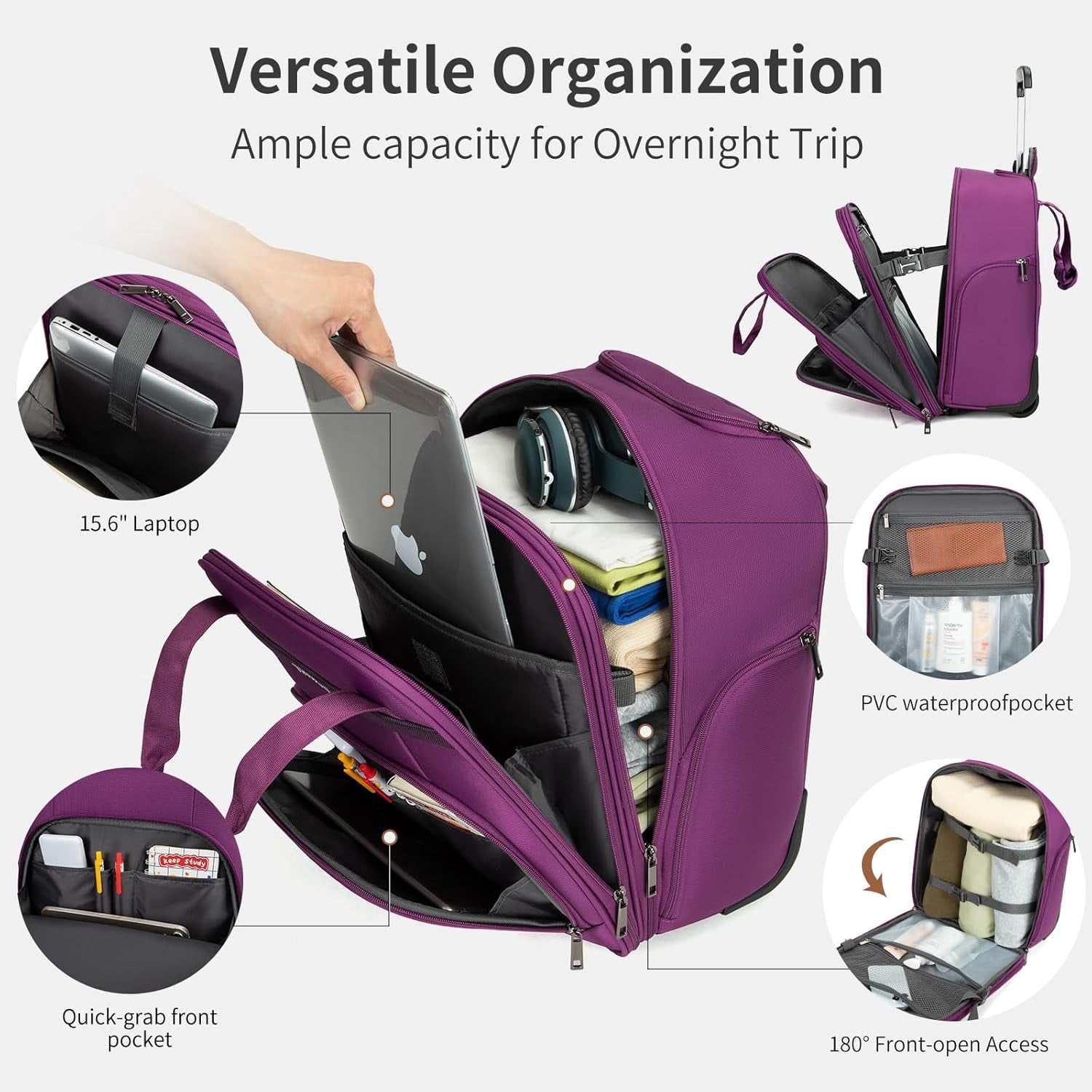 TIAWOLT Underseat Carry on Luggage with Wheels,16-inch Airline Approved Personal Item Stylish Softside Underseater Suitcases with Wet/Dry Pockets,Overnight Rolling Carry-on Bag for Short Trip, Purple