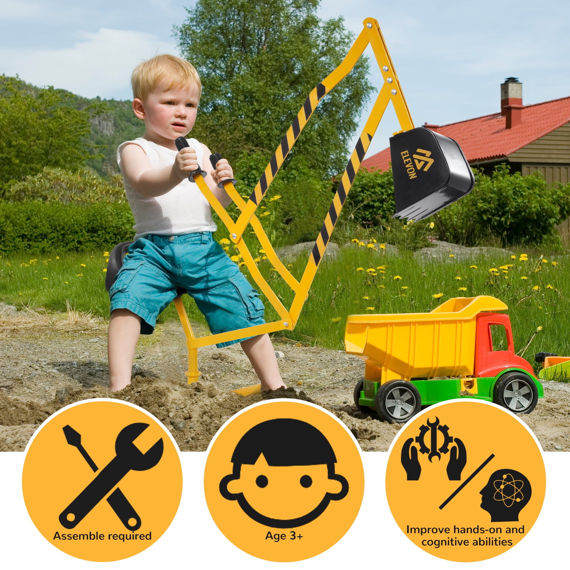 FlexWave Kids Ride-On Sandbox Digger Toy，Stationary Excavator，with 360° Rotation & Metal Base, for Outdoor Sand, Dirt & Snow Play，Yellow