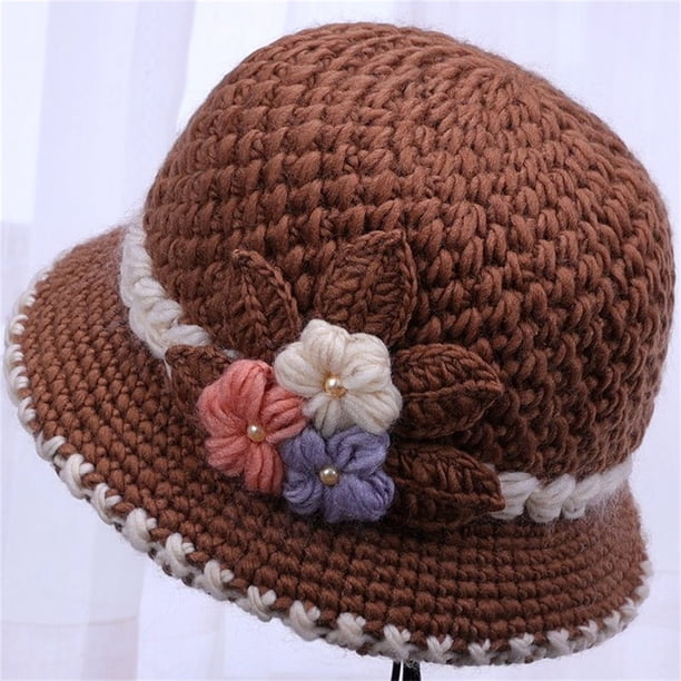Sombrero de lana tejido floral para mujeres de invierno | Gorro de forro polar de algodón de doble capa | Ajuste elástico en calor de 21-22 pulgadas Circunferencia de cabeza | 18 cm de altura | 1