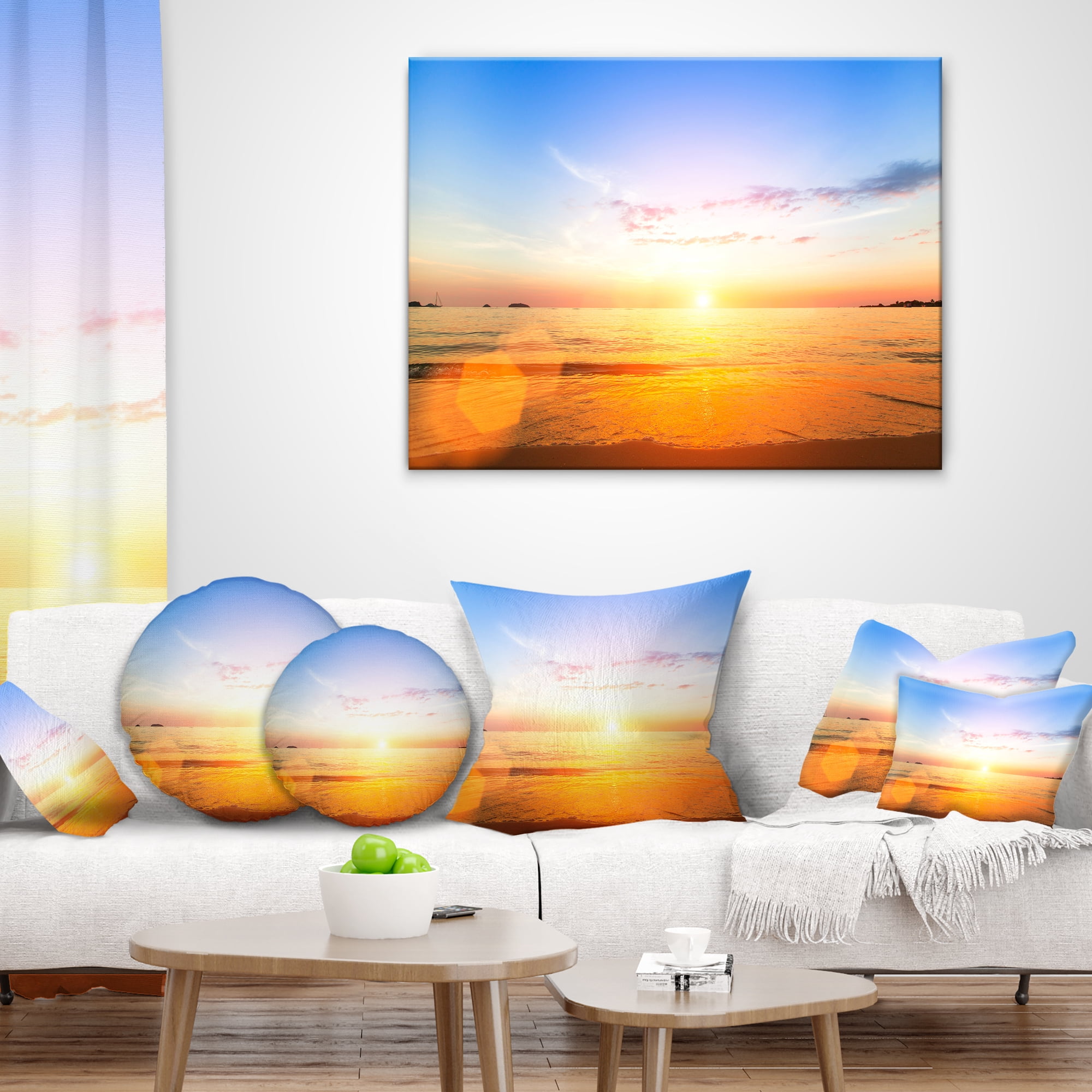 Designart Beautiful Sunset over Yellow Waters - Modern Beach Throw Pillow - 16x16