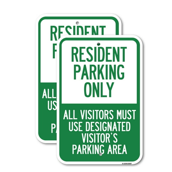 (2 Pack) Parking Sign Resident Parking Only All Visitors Must Use Designated Visitors Parking Area | 12" X 18" Heavy-Gauge Aluminum Sign | Rust Free Aluminum, Weather Resistant,