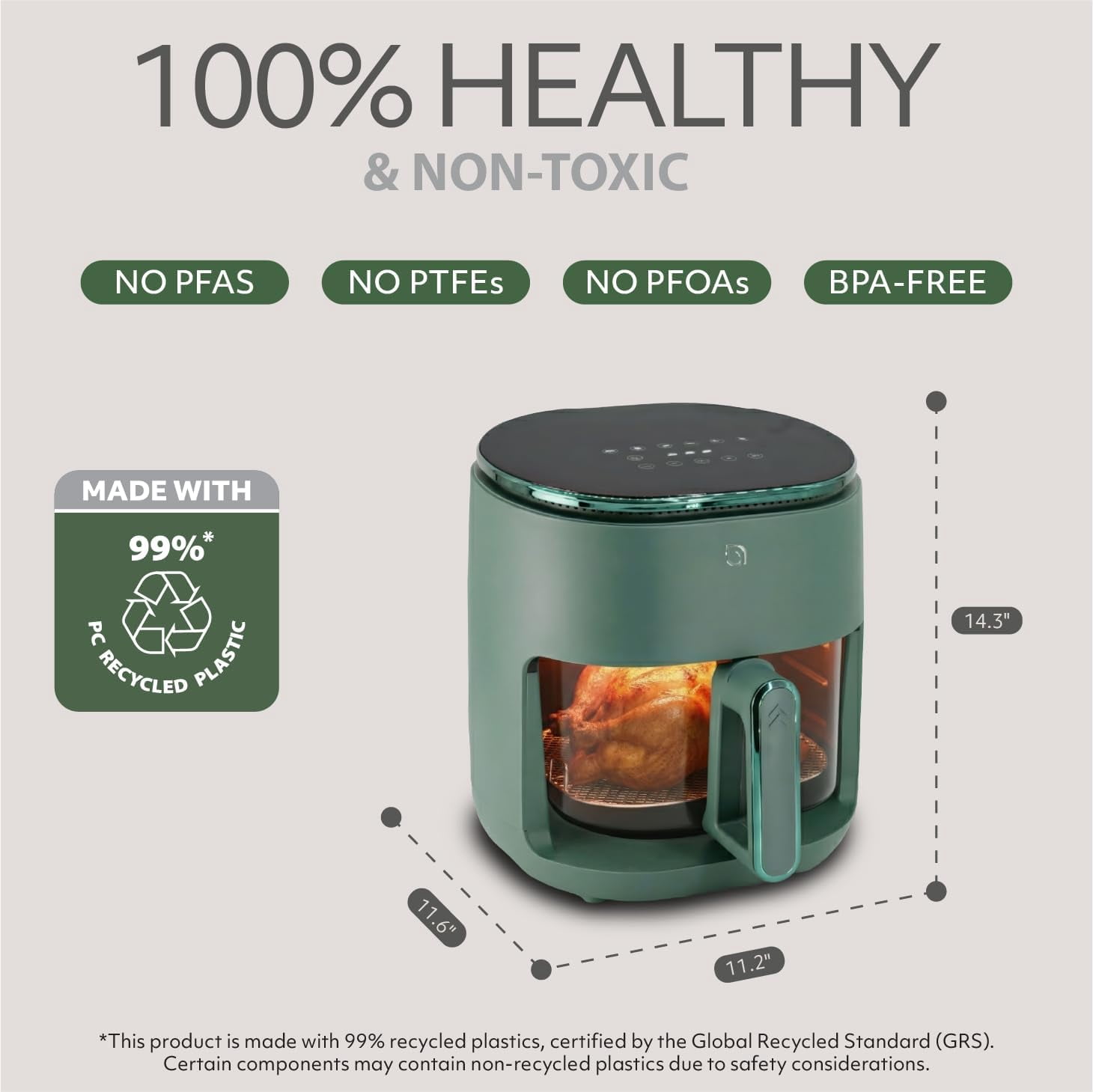 Series 6 in 1 Air Fryer with Glass Basket, 5 Quart Non Toxic Air Fryer w Digital Display, 430 ° F Max Temp, Preheat & Keep Warm Function, Compact + Dishwasher Safe Glass Airfryer - GREEN