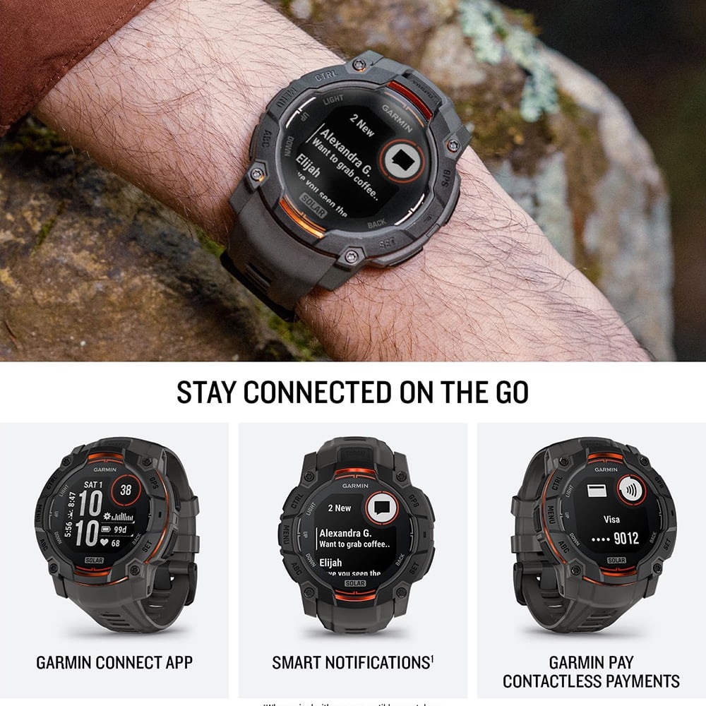 Garmin Instinct 3 50 mm Outdoor GPS Smartwatch SOLAR Black with Charcoal Band 010-02935-00 Bundle with 2 YR CPS Enhanced Protection Pack & Deco Essentials 2x Screen Protector