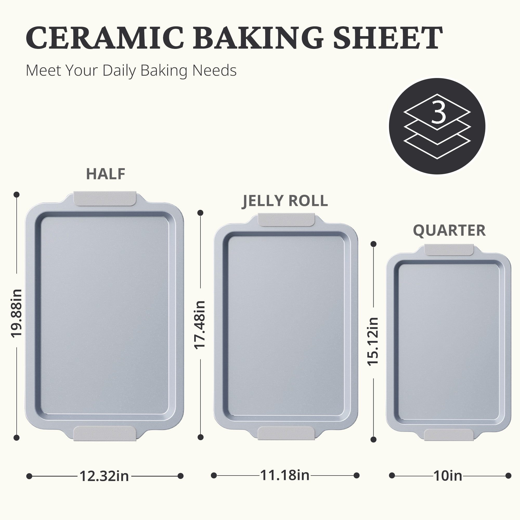 HONGBAKE Non Toxic Ceramic Cookie Sheets for Baking, 3-piece Non Stick Baking Sheet Pans for Oven, Heavy Duty Aluminized Steel Baking Pans Set with Silicone Handles -Gray