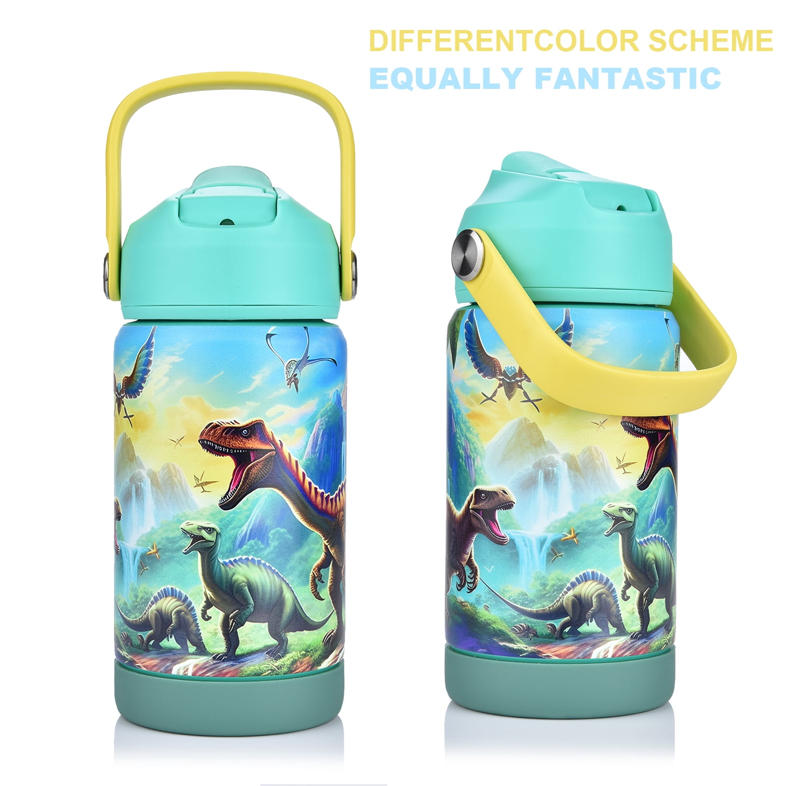CaseTown 12oz Kids Insulated Water Bottle, Leak-proof Toddler Cup With Straws Lids, Kids Water Bottles For School Boys Girls, Stainless Steel Vacuum Insulated Bottle For Kids (Dinosaur)
