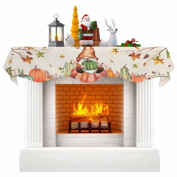 Fall Pumpkins Fireplace Mantel Scarf Table Runner, Thanksgiving Gnoems Maple Leaf on Linen Winter Garland Mantel Top Tablerunners Dresser Scarves Cover Decorations for Party Living Room 70"x17"