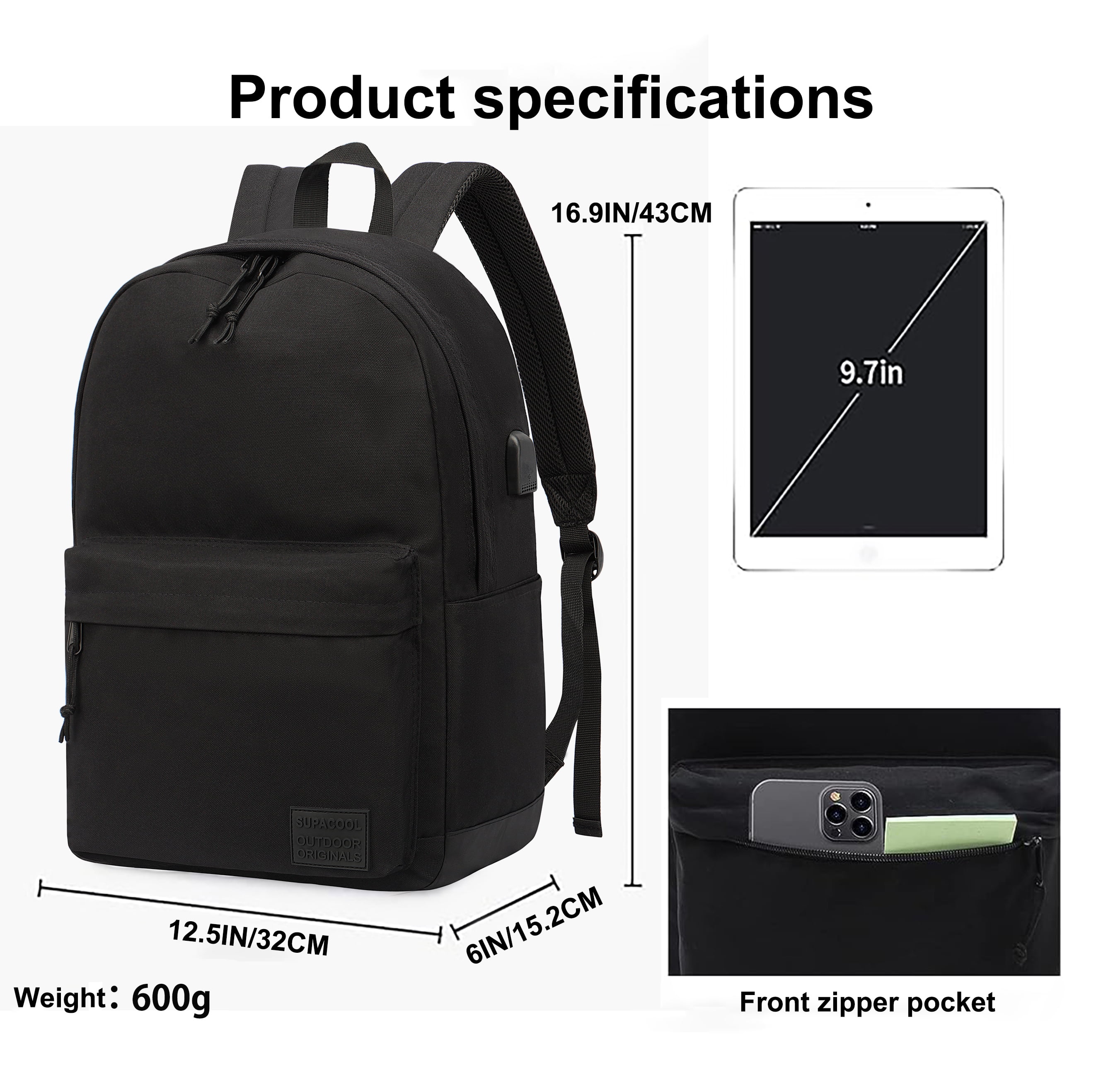 Casual Backpack for Men and Women, Laptop Backpack , Travel Backpack for College, USB Charging Port, Lightweight Pack Back(Black)