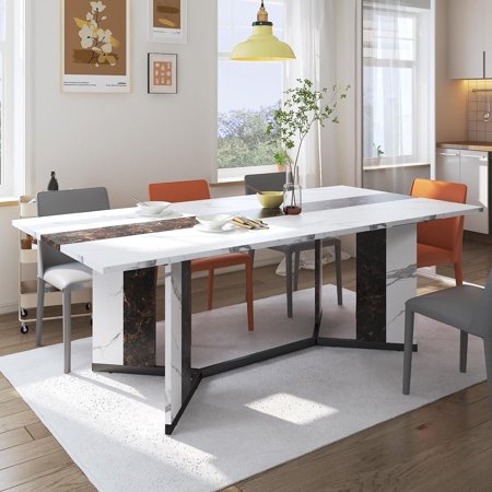 71 In White Marble Large Rectangular Dining Table Seating 6-8 People with Height Adjustable Legs