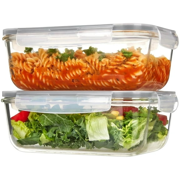 Glass Storage Containers 2 Pcs Food Storage Containers, Baking Container with Snap Airtight Lids Clear Meal Prep Containers for Microwave, Oven, Bento Boxes Set, Leak Proof, for Freezer, Dishwasher