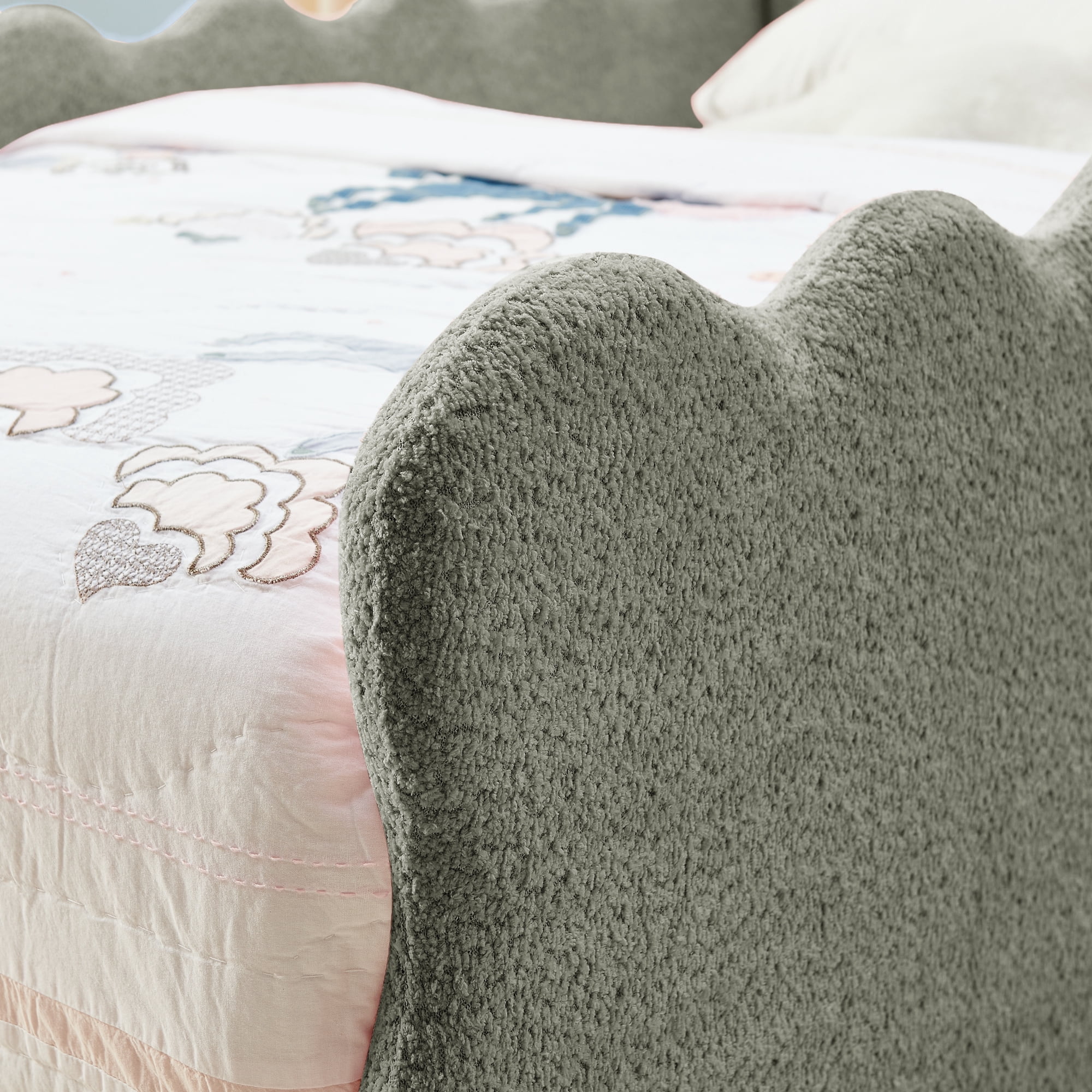 Avobird Twin Size Cute Dinosaur-Shaped Kids Bed with Safety Guardraild, Solid Wood Toddler Bed Frame for Children for Bedroom, Boucle Fabric, Gray