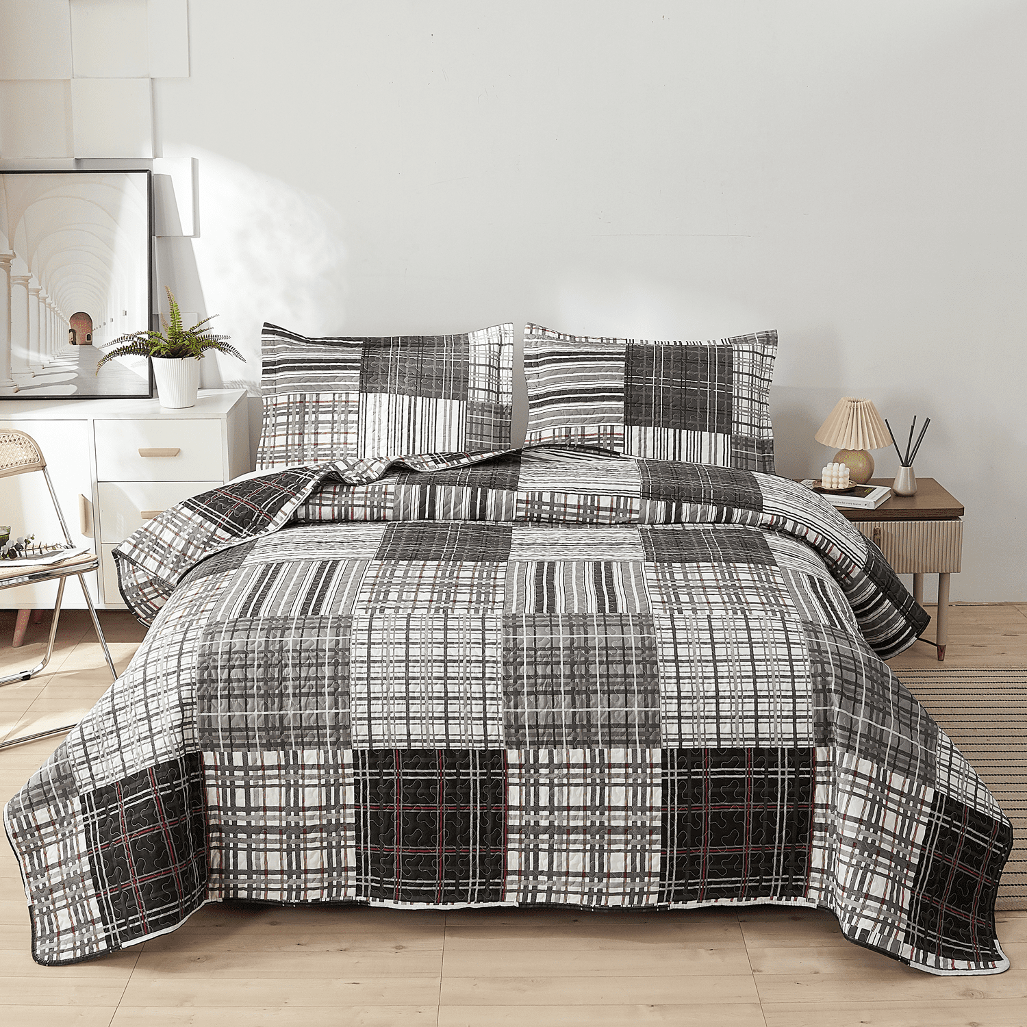 Green Essen 3 Pieces Solid Color Quilt Set Queen Size,Soft Microfiber Bedding Sets Lightweight Bedspread Reversible Coverlet Bed Cover(grid)