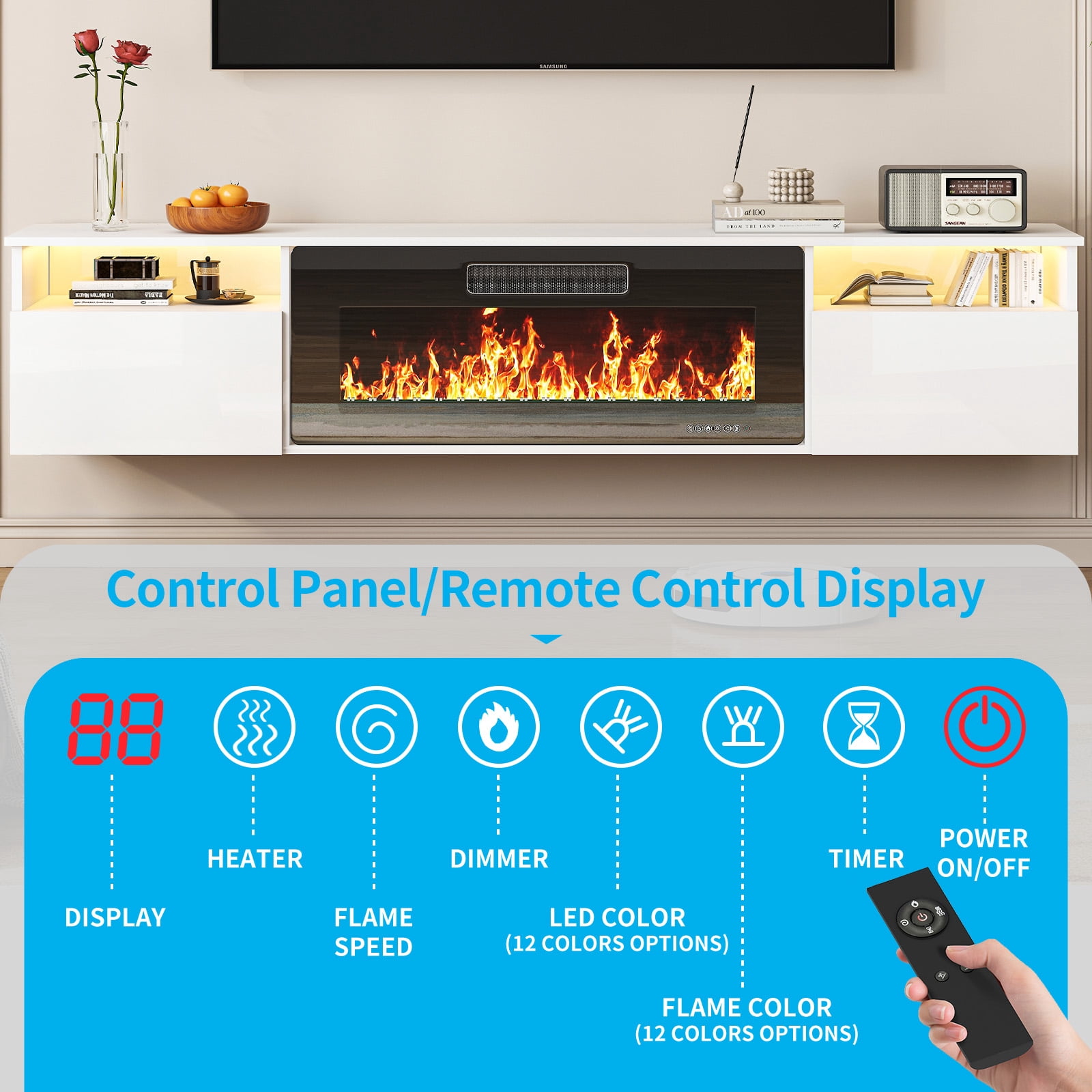 TABU 80" Floating Fireplace TV Stand with 36" Electric Fireplace,Wall Mounted TV Stand with Fireplace for TVs up to 90",White