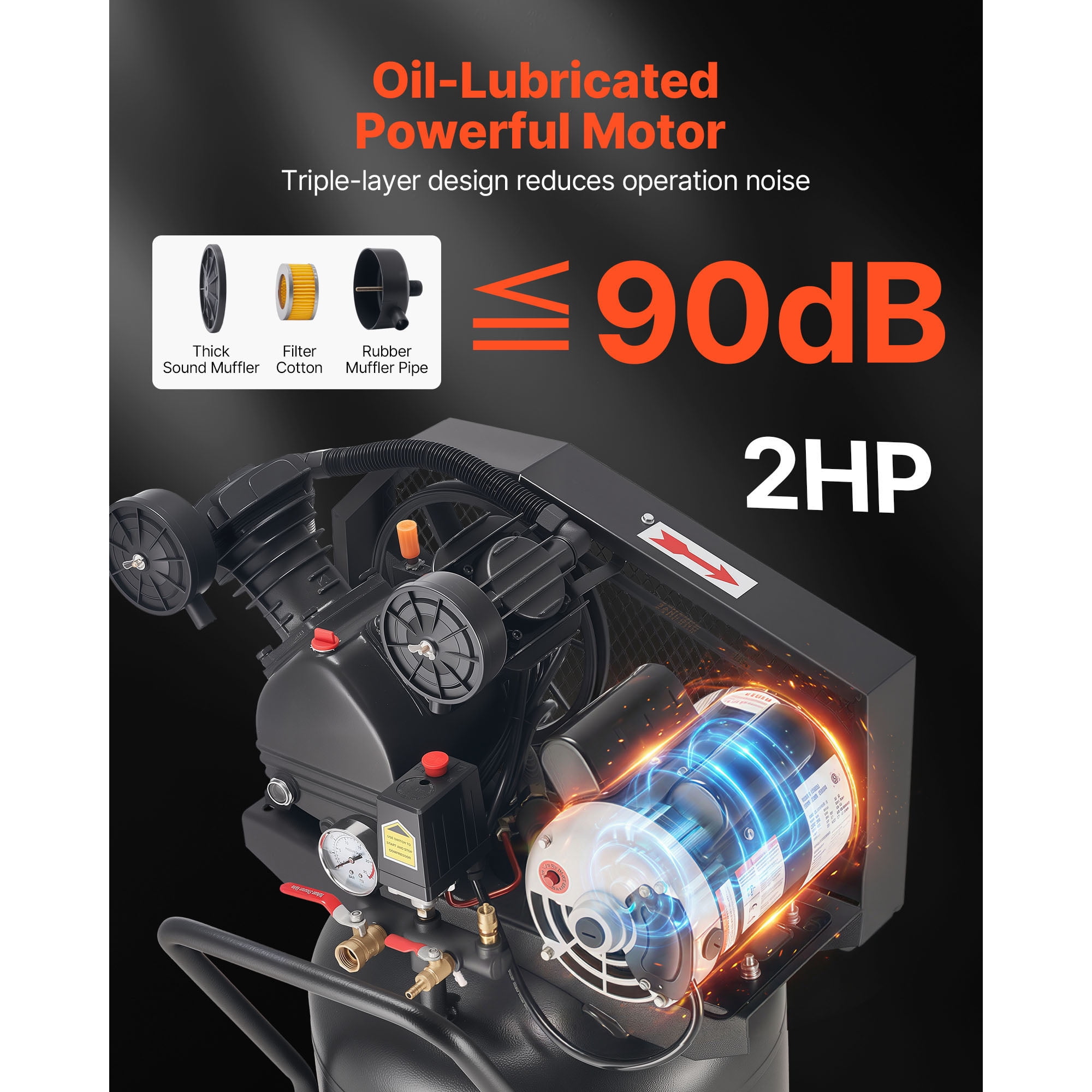 KFFKFF 20-Gallon Air Compressor, 2HP, 6.5SCFM at 90PSI, Max 135PSI Oil-Lubricated Tank, Portable Design with Wheels for Auto Repair, Tire Inflation, Painting, and Woodworking, 120V