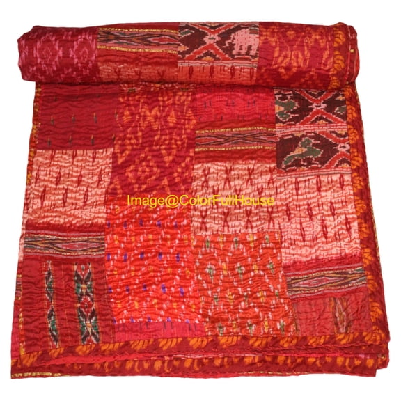 Indian Handwoven Silk Patola Kantha Quilt ,Traditional Blanket , Premium Silk Sari Kantha Blanket Size (Twin Size - 60" x 90")