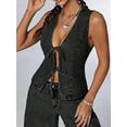 thumbnail image 3 of Women'S Tie Front Deep V Neck Denim Vest Sleeveless Jean Jacket Black Grey XL, 3 of 5