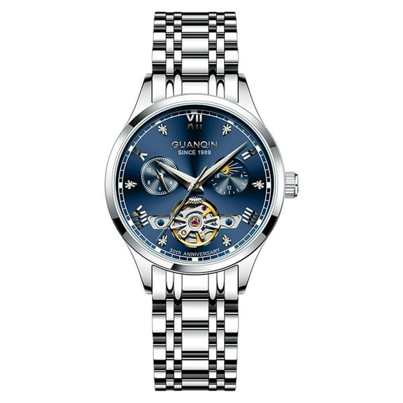 GUANQIN Vintage Skeleton Diamond Dial Automatic Self-Winding Moon Phase Women Mechanical Business Wrist Watch Steel Genuine Leather Sapphire Crystal Waterproof Clock Luminous