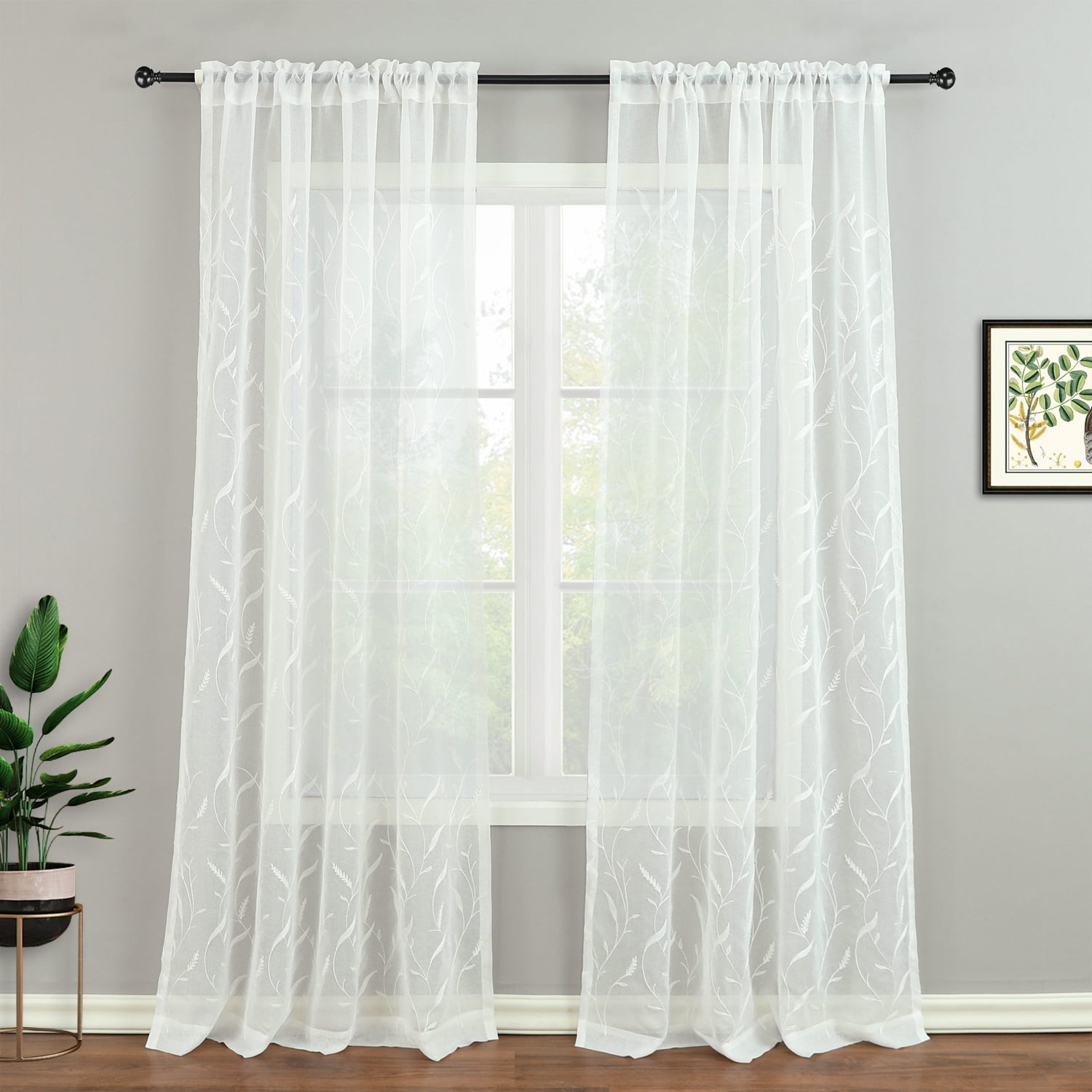 VOGOL Rod Pocket White Embroidered Sheer Curtains, Breathable Voile Drapes Window Treatment for Bedroom Living Room, 52W x 63L inches