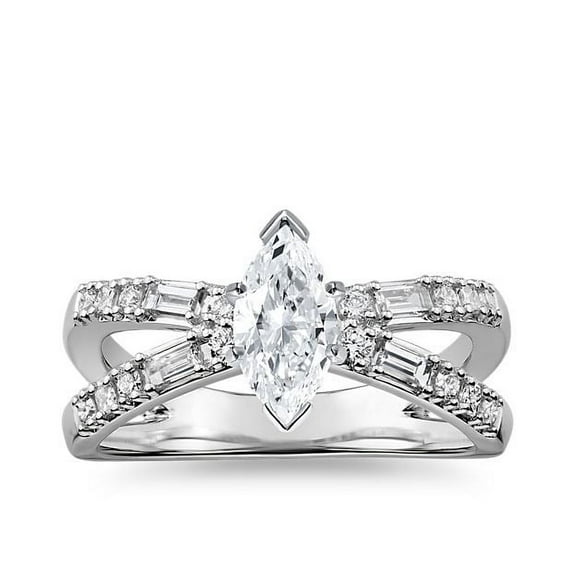 1.10 T.C.W Marquise Natural Diamond Stuning Solitaire with Accents Ring for Engagement in Solid 14K White Gold Size 7