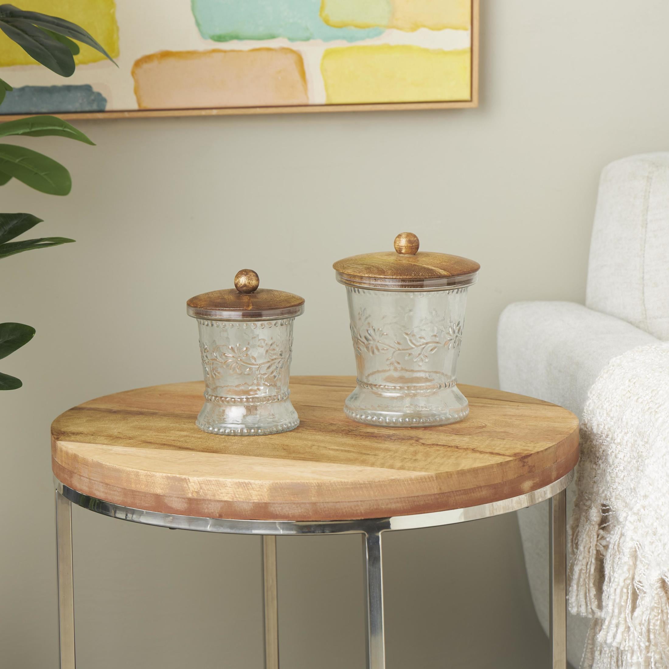 DecMode 7", 6"H Clear Glass Floral Beaded Decorative Jars with Brown Wooden Lids and Round Knobs, 2-Pieces