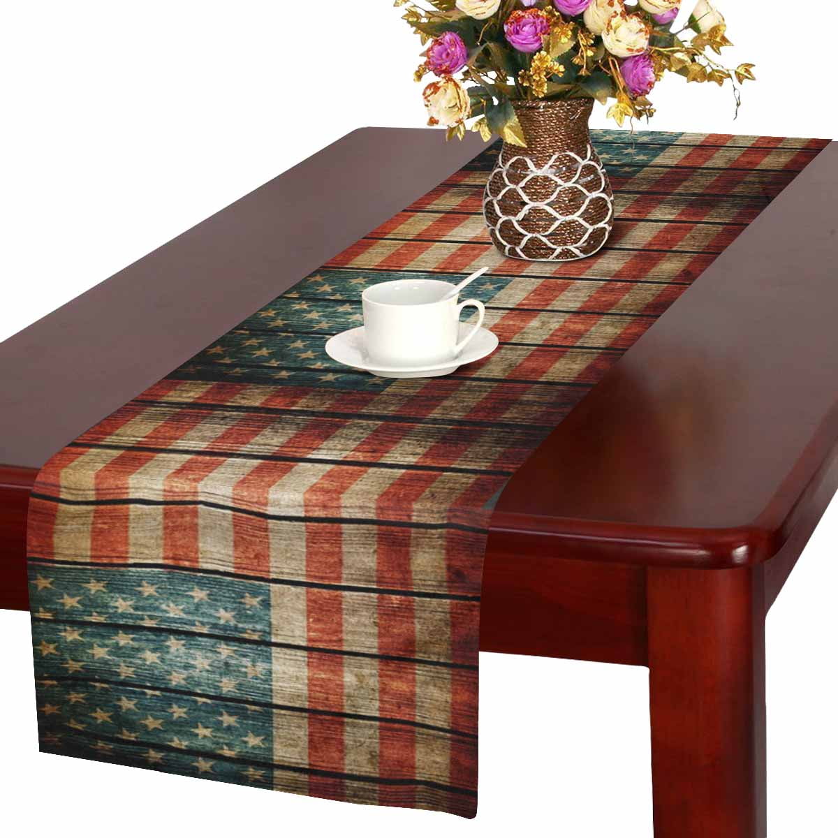 SUNENAT Wood USA Flag Vintage American Flag Table Runner Linen & Cotton