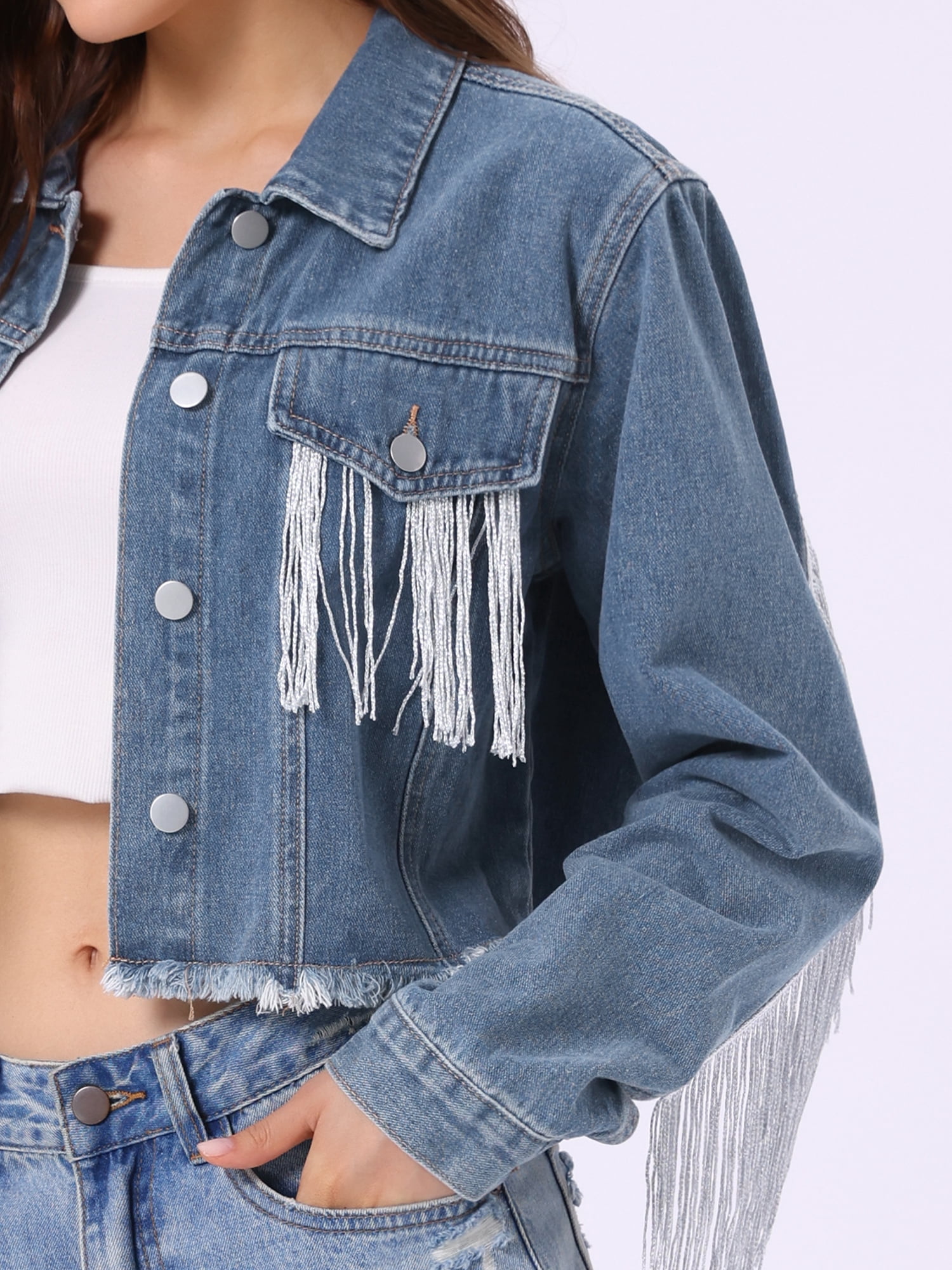 DARING DIVA Women's Cropped Jean Long Sleeve Frayed Tassel Fringe Denim Jacket XL Gray Blue