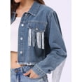 thumbnail image 5 of DARING DIVA Women's Cropped Jean Long Sleeve Frayed Tassel Fringe Denim Jacket S Gray Blue, 5 of 7