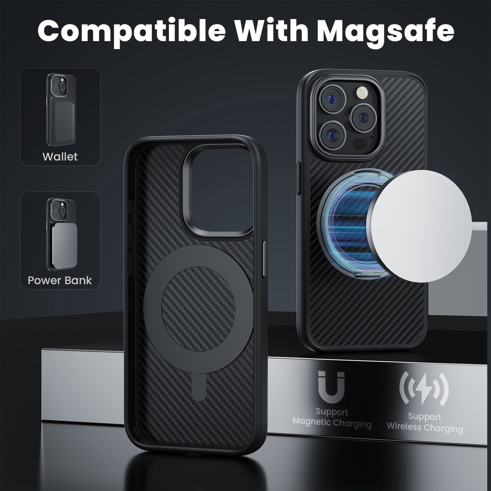TOPVISION Magnetic Phone Case for iPhone 15 Pro, Kevlar Case with Ring Stand, MagSafe Compatible