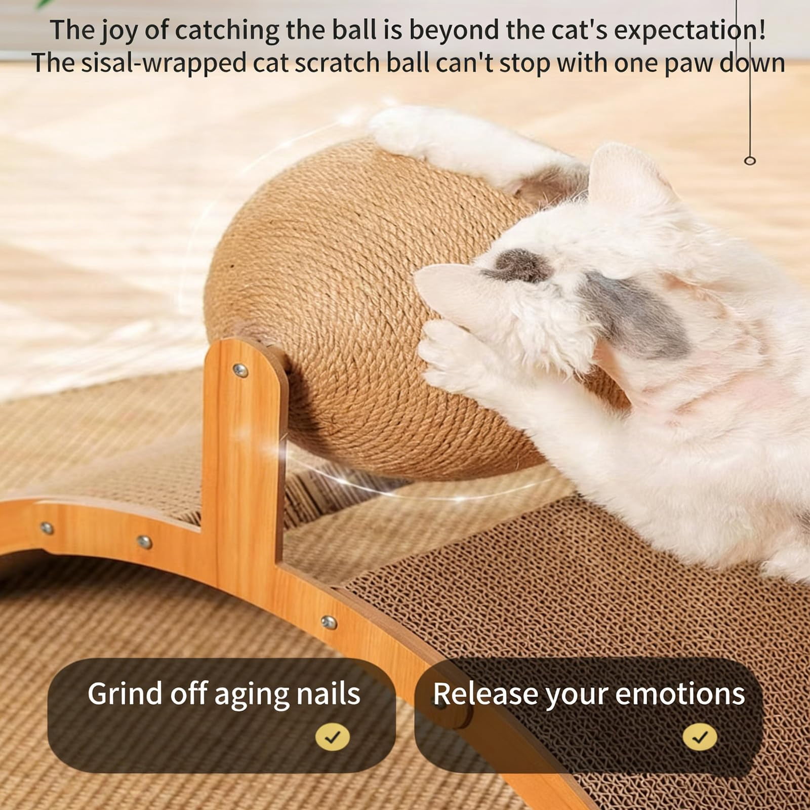 Cat Scratching Ball on Stand, 360° Rotating Sisal Ball on Solid Wood Stand, Interactive Scratching Toy for Indoor Cats