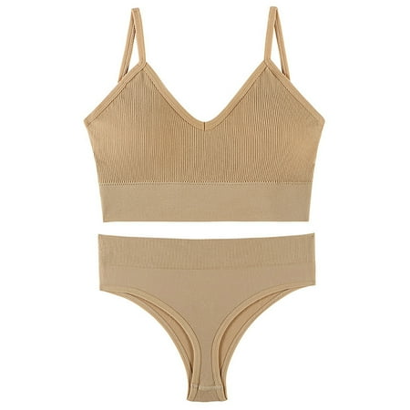 Ohufall Women Seamless Tanks Tops Bra and Panties Sets Underwear Suit Wireless Ribbed Crop Top Bra+ Panty Sets Yoga Sport Bikini Set